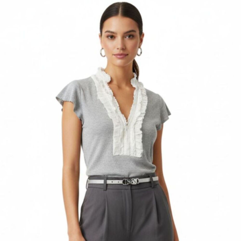BCBGMaxAzria Silk Blend Blouse Women's Size XS Gray White Ruffle Cottagecore